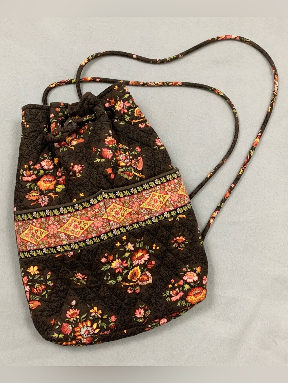 Vera Bradley Quilted Drawstring Backpack Vintage Retired Brown Floral Bag Y2K